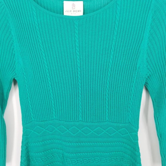 Julie Brown Cable Knit Sweater Dress - Mini Teal Green A Line Flare 3/4 Sleeves - Picture 4 of 7